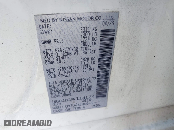2023 Nissan Titan SV with VIN 1N6AA1EC1PN114674, listed as a IAAI auction lot 42141106 with 18,271 mi miles and . Bid and sale history available at DreamBid. Image 9.