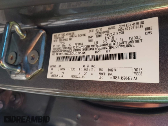 2013 Ford Escape SE with VIN 1FMCU0GX5DUD22065, listed as a IAAI auction lot 42529493 with 134,200 mi miles and . Bid and sale history available at DreamBid. Image 9.