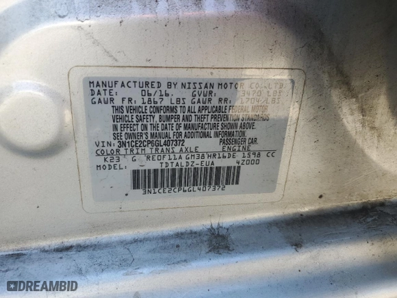 2016 Nissan Versa Note S with VIN 3N1CE2CP6GL407372, listed as a Copart auction lot 47570645 with 179,440 mi miles and Salvage Title. Bid and sale history available at carsss.com. Image 12.