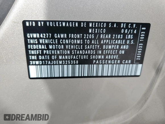 2014 Volkswagen Jetta Sedan SE w/Connectivity/Sunroof PZEV with VIN 3VWD17AJ0EM325358, listed as a Copart auction lot 53003245 with 25,440 mi miles and Salvage Title. Bid and sale history available at carsss.com. Image 14.