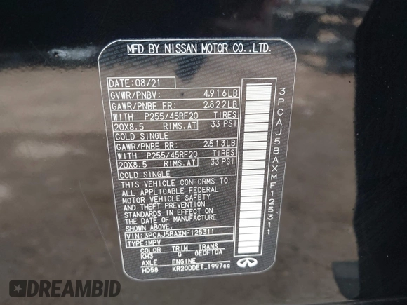 2021 Infiniti QX50 Luxe с VIN 3PCAJ5BAXMF125311, выставлен на аукционе IAAI как лот 42020794 с пробегом 64 536 миль миль и . История ставок и продаж доступна на DreamBid. Изображение 9.