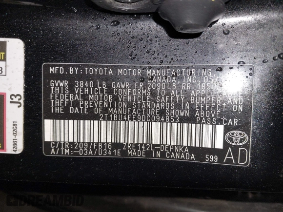 2013 Toyota Corolla L with VIN 2T1BU4EE9DC094853, listed as a IAAI auction lot 41934735 with 122,463 mi miles and . Bid and sale history available at DreamBid. Image 9.