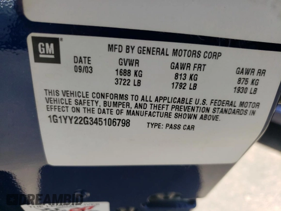 2004 Chevrolet Corvette with VIN 1G1YY22G345106798, listed as a Copart auction lot 61340434 with 45,105 mi miles and Salvage Title. Bid and sale history available at DreamBid. Image 13.