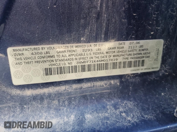 2006 Volkswagen Jetta 1.9L TDI with VIN 3VWDT71K46M017419, listed as a Copart auction lot 68393964 with 103,899 mi miles and Clean title. Bid and sale history available at DreamBid. Image 12.