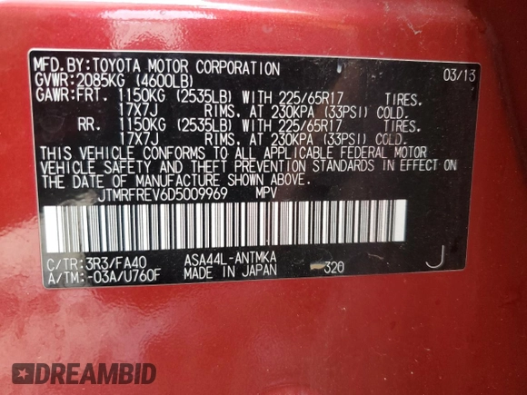 2013 Toyota RAV4 XLE with VIN JTMRFREV6D5009969, listed as a Copart auction lot 61351305 with 164,716 mi miles and Salvage title. Bid and sale history available at DreamBid. Image 13.