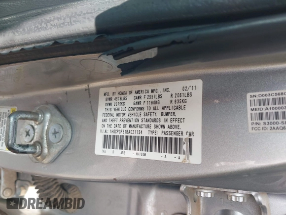 2011 Honda Accord EX-L with VIN 1HGCP3F81BA021154, listed as a IAAI auction lot 42642534 with 217,779 mi miles and . Bid and sale history available at DreamBid. Image 9.