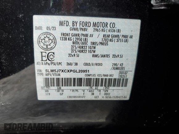 2023 Lincoln Aviator Reserve z VIN 5LM5J7XCXPGL20951, wystawiony jako Copart lot #47183215 z przebiegiem 24 426 mil mil oraz Szkoda całkowita • Salvage title. Historia ofert i sprzedaży dostępna na DreamBid. Obrazek 14.