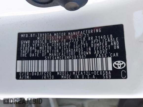2021 Toyota Corolla SE with VIN 5YFS4MCEXMP081967, listed as a IAAI auction lot 41476992 with 77,355 mi miles. Bid and sale history available at carsss.com. Image 9.