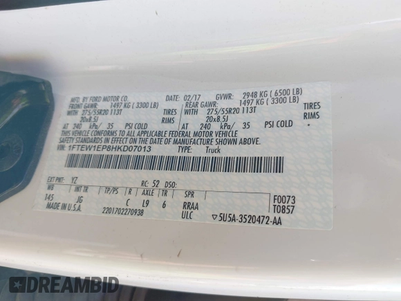 2017 Ford F-150 XL with VIN 1FTEW1EP8HKD07013, listed as a IAAI auction lot 42619279 with 103,750 mi miles and . Bid and sale history available at DreamBid. Image 9.