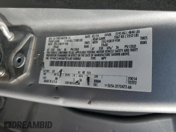2014 Ford Escape SE with VIN 1FMCU9G97EUE10882, listed as a Copart auction lot 58770725 with 128,167 mi miles and Clean title. Bid and sale history available at DreamBid. Image 13.