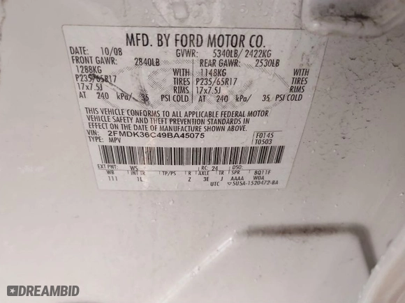 2009 Ford Edge SE with VIN 2FMDK36C49BA45075, listed as a IAAI auction lot 40911461 with 167,616 mi miles. Bid and sale history available at carsss.com. Image 9.
