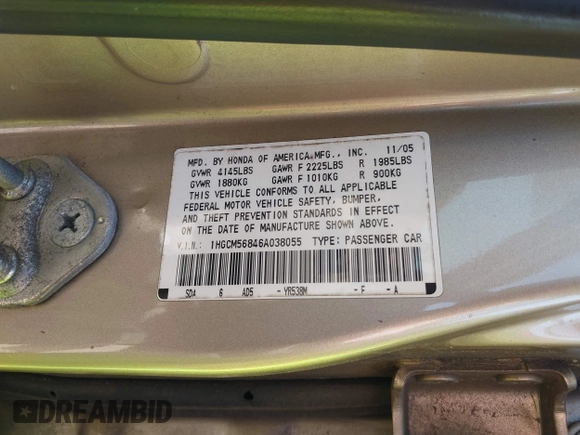 2006 Honda Accord EX-L z VIN 1HGCM56846A038055, wystawiony jako IAAI lot #42054400 z przebiegiem 334 562 mil mil oraz . Historia ofert i sprzedaży dostępna na DreamBid. Obrazek 9.