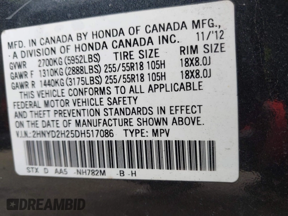 2013 Acura MDX with VIN 2HNYD2H25DH517086, listed as a IAAI auction lot 41748238 with 109,219 mi miles. Bid and sale history available at carsss.com. Image 9.