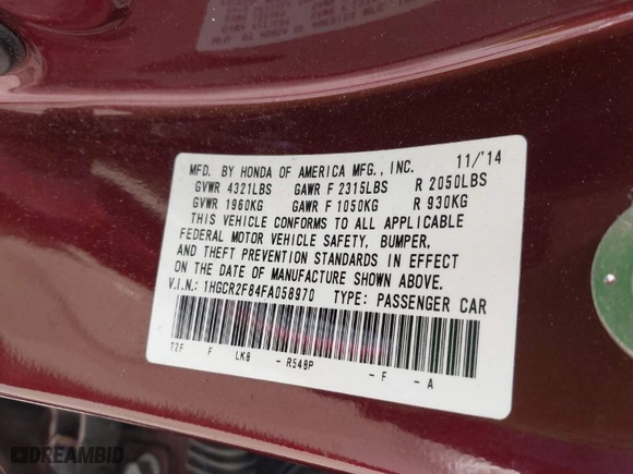 2015 Honda Accord Sedan EX-L with VIN 1HGCR2F84FA058970, listed as a IAAI auction lot 41920242 with 113,507 mi miles. Bid and sale history available at carsss.com. Image 9.