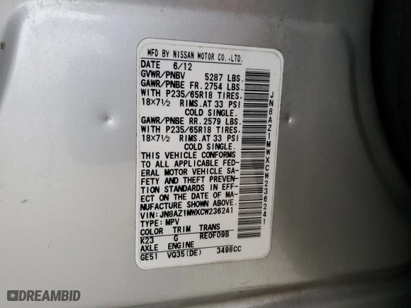 2012 Nissan Murano SV with VIN JN8AZ1MWXCW236241, listed as a Copart auction lot 85712944 with 80,157 mi miles and Salvage Title. Bid and sale history available at carsss.com. Image 13.