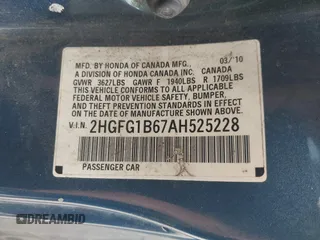 2010 Honda Civic Cpe LX with VIN 2HGFG1B67AH525228, listed as a IAAI auction lot 42047577 with 280,535 mi miles. Bid and sale history available at carsss.com. Image 9.