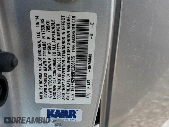 2015 Honda Civic Sedan LX with VIN 19XFB2F59FE206405, listed as a Copart auction lot 51290785 with 174,936 mi miles and Salvage Title. Bid and sale history available at carsss.com. Image 14.