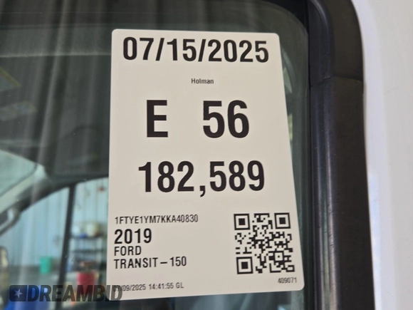 2019 Ford Transit with VIN 1FTYE1YM7KKA40830, listed as a IAAI auction lot 42715724 with 182,589 mi miles and . Bid and sale history available at DreamBid. Image 49.