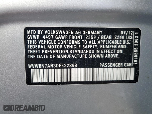 2013 Volkswagen CC Sport с VIN WVWBN7AN3DE522868, выставлен на аукционе Copart как лот 86429954 с пробегом Не указан миль и Списание • Salvage title. История ставок и продаж доступна на DreamBid. Изображение 13.