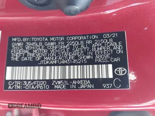 2021 Toyota Prius L Eco with VIN JTDKAMFU4M3145215, listed as a IAAI auction lot 41926274 with 74,220 mi miles. Bid and sale history available at carsss.com. Image 9.