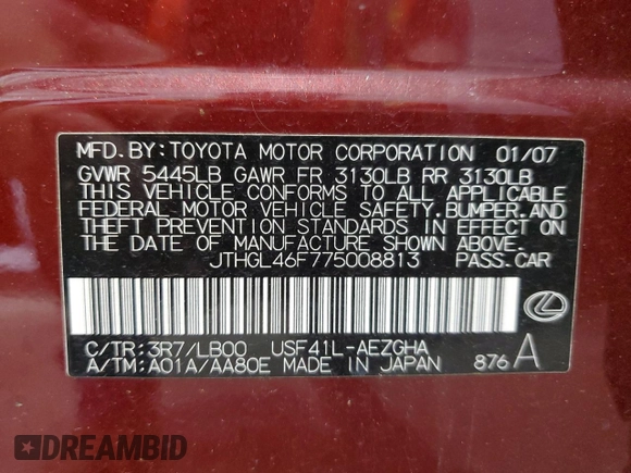 2007 Lexus LS 460 L с VIN JTHGL46F775008813, выставлен на аукционе Copart как лот 57063195 с пробегом 142 957 миль миль и Списание • Salvage title. История ставок и продаж доступна на DreamBid. Изображение 12.