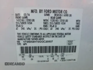 2016 Ford Explorer Platinum with VIN 1FM5K8HT0GGC20507, listed as a Copart auction lot 62816195 with 96,763 mi miles and Salvage title. Bid and sale history available at DreamBid. Image 14.