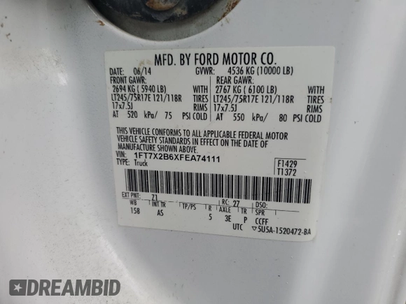 2015 Ford F-250 XLT with VIN 1FT7X2B6XFEA74111, listed as a Copart auction lot 52918695 with 114,522 mi miles and Salvage title. Bid and sale history available at DreamBid. Image 12.