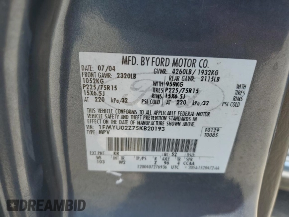 2005 Ford Escape XLS Value with VIN 1FMYU02Z75KB20193, listed as a Copart auction lot 52898665 with 121,166 mi miles and Salvage Title. Bid and sale history available at carsss.com. Image 13.