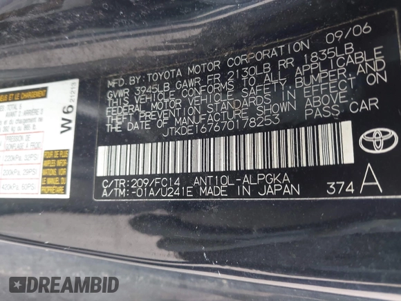 2007 Scion tC Spec with VIN JTKDE167670178253, listed as a IAAI auction lot 42820882 with Not provided miles and . Bid and sale history available at DreamBid. Image 9.