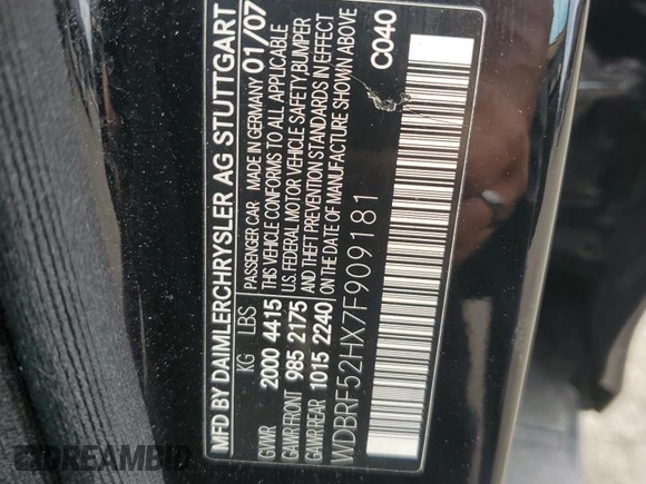 2007 Mercedes-Benz C 230 Sport with VIN WDBRF52HX7F909181, listed as a Copart auction lot 56762685 with 169,085 mi miles and Salvage title. Bid and sale history available at DreamBid. Image 12.