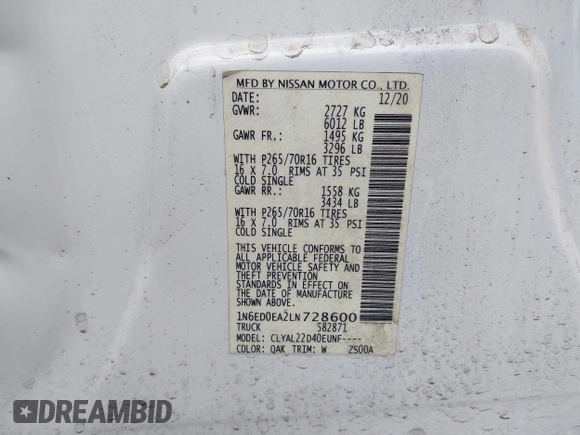 2020 Nissan Frontier SV with VIN 1N6ED0EA2LN728600, listed as a IAAI auction lot 42335911 with Not provided miles and . Bid and sale history available at DreamBid. Image 9.