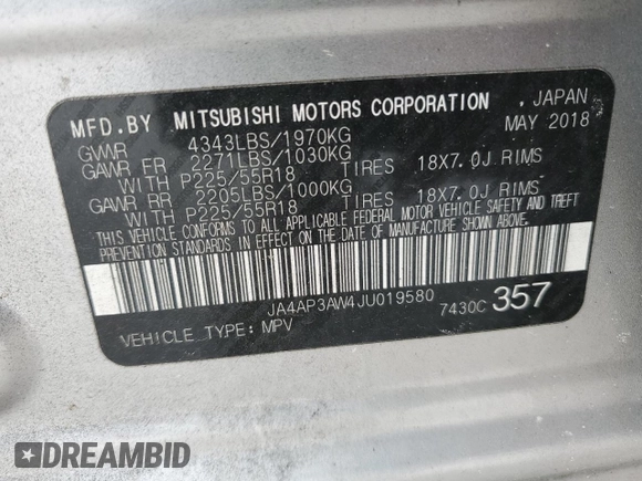 2018 Mitsubishi Outlander SE z VIN JA4AP3AW4JU019580, wystawiony jako Copart lot #66179125 z przebiegiem 81 508 mil mil oraz Szkoda całkowita • Salvage title. Historia ofert i sprzedaży dostępna na DreamBid. Obrazek 13.