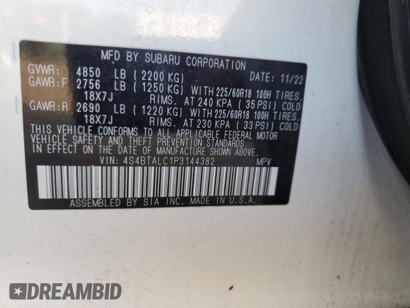 2023 Subaru Outback Onyx with VIN 4S4BTALC1P3144382, listed as a Copart auction lot 60351045 with 34,902 mi miles and Salvage title. Bid and sale history available at DreamBid. Image 13.