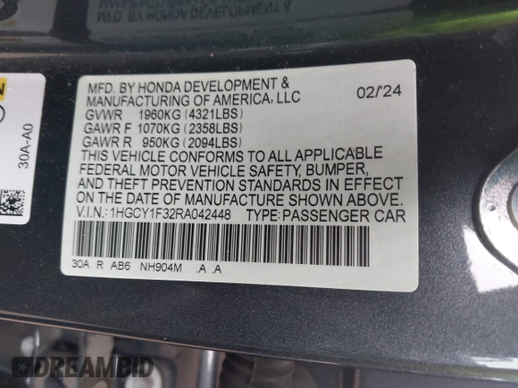 2024 Honda Accord EX с VIN 1HGCY1F32RA042448, выставлен на аукционе IAAI как лот 41774787 с пробегом 18 121 миль миль и . История ставок и продаж доступна на DreamBid. Изображение 9.