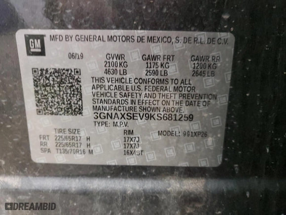 2019 Chevrolet Equinox LS with VIN 3GNAXSEV9KS681259, listed as a Copart auction lot 82147324 with 52,237 mi miles and Salvage Title. Bid and sale history available at carsss.com. Image 15.