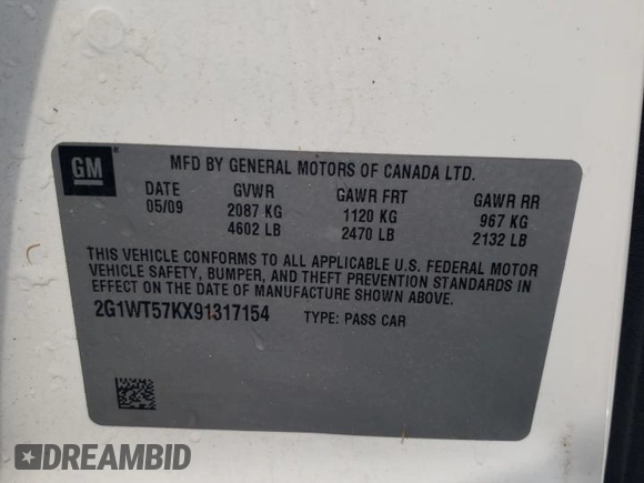 2009 Chevrolet Impala LT with VIN 2G1WT57KX91317154, listed as a Copart auction lot 52609555 with 185,582 mi miles and Salvage Title. Bid and sale history available at DreamBid. Image 12.