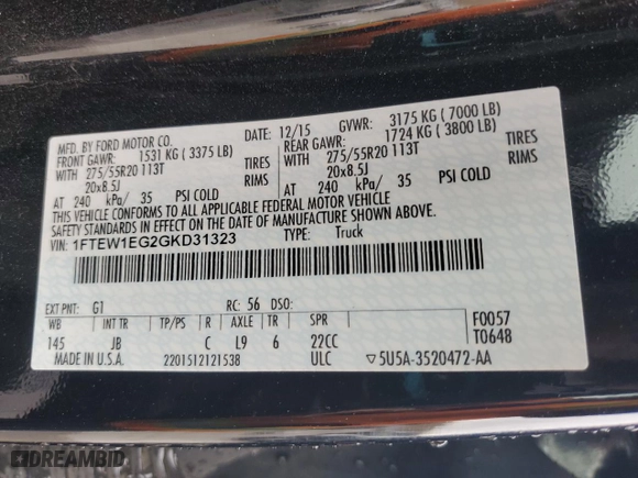 2016 Ford F-150 XLT with VIN 1FTEW1EG2GKD31323, listed as a Copart auction lot 48737085 with 0 mi miles and Salvage Title. Bid and sale history available at carsss.com. Image 12.