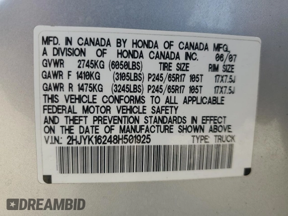 2008 Honda Ridgeline RT with VIN 2HJYK16248H501925, listed as a Copart auction lot 73647194 with 245,835 mi miles and Salvage Title. Bid and sale history available at carsss.com. Image 14.