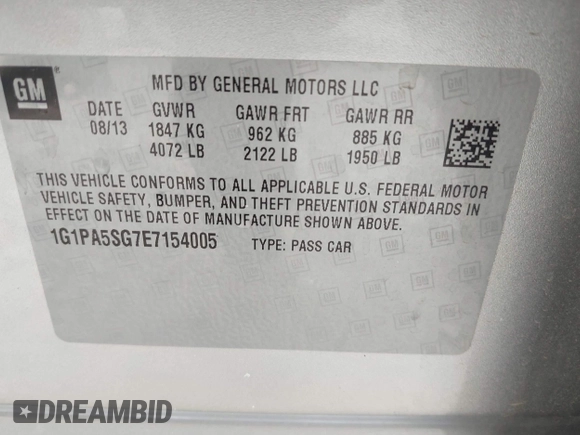 2014 Chevrolet Cruze LS with VIN 1G1PA5SG7E7154005, listed as a IAAI auction lot 42341299 with 76,981 mi miles and . Bid and sale history available at DreamBid. Image 9.