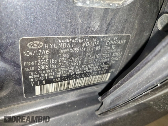 2006 Hyundai Santa Fe GLS with VIN KM8SC13D56U097262, listed as a Copart auction lot 46376785 with 164,382 mi miles and Clean Title. Bid and sale history available at carsss.com. Image 13.