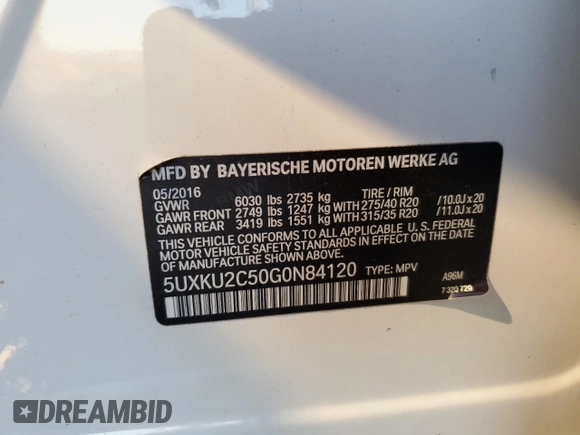 2016 BMW X6 xDrive35i with VIN 5UXKU2C50G0N84120, listed as a Copart auction lot 81511693 with 91,500 mi miles and . Bid and sale history available at DreamBid. Image 14.