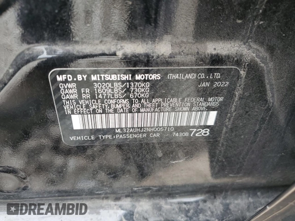 2022 Mitsubishi Mirage ES with VIN ML32AUHJ2NH005710, listed as a Copart auction lot 57779605 with 57,677 mi miles and Salvage title. Bid and sale history available at DreamBid. Image 12.