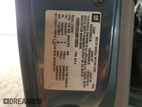 2006 Chevrolet Uplander 3LT with VIN 1GNDV33L96D132533, listed as a Copart auction lot 45195555 with 214,032 mi miles and Salvage Title. Bid and sale history available at DreamBid. Image 13.