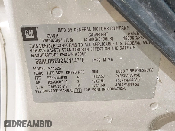 2010 Buick Enclave CXL 1XL with VIN 5GALRBED2AJ114718, listed as a IAAI auction lot 42002595 with 179,603 mi miles and . Bid and sale history available at DreamBid. Image 9.