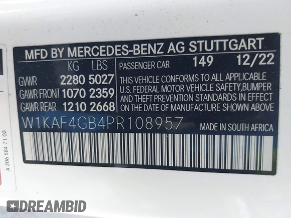2023 Mercedes-Benz C 300 with VIN W1KAF4GB4PR108957, listed as a IAAI auction lot 41381589 with 23,496 mi miles and . Bid and sale history available at DreamBid. Image 9.