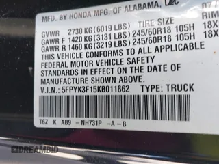2019 Honda Ridgeline Sport with VIN 5FPYK3F15KB011862, listed as a IAAI auction lot 41834653 with 54,328 mi miles and . Bid and sale history available at DreamBid. Image 9.
