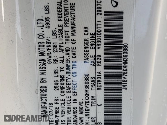 2017 Infiniti Q60 Premium z VIN JN1EV7EKXHM360880, wystawiony jako Copart lot #59718885 z przebiegiem 62 571 mil mil oraz Szkoda całkowita • Salvage title. Historia ofert i sprzedaży dostępna na DreamBid. Obrazek 13.