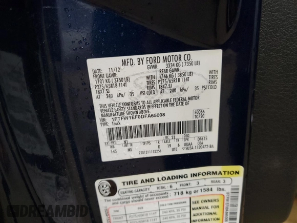 2013 Ford F-150 XL z VIN 1FTFW1EF0DFA65008, wystawiony jako Copart lot #59681325 z przebiegiem 159 354 mil mil oraz Szkoda całkowita • Salvage title. Historia ofert i sprzedaży dostępna na DreamBid. Obrazek 12.