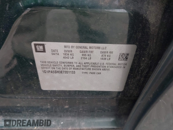 2014 Chevrolet Cruze LS with VIN 1G1PA5SH3E7351133, listed as a IAAI auction lot 42252807 with 122,866 mi miles and . Bid and sale history available at DreamBid. Image 9.