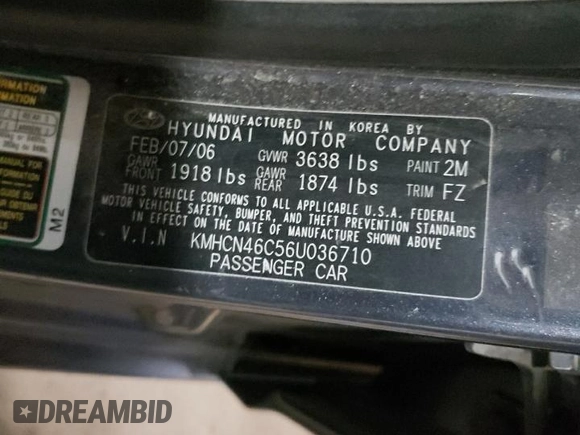2006 Hyundai Accent GLS z VIN KMHCN46C56U036710, wystawiony jako Copart lot #84831284 z przebiegiem 202 556 mil mil oraz Nie do naprawy • Non repairable. Historia ofert i sprzedaży dostępna na DreamBid. Obrazek 14.